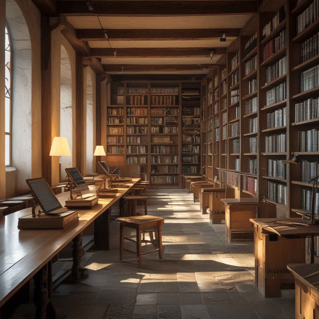 Heller Lesesaal mit Holzschreibtischen und hohen Bücherregalen, warmes Lampenlicht, ruhige Bibliotheksatmosphäre, leere Holzstühle