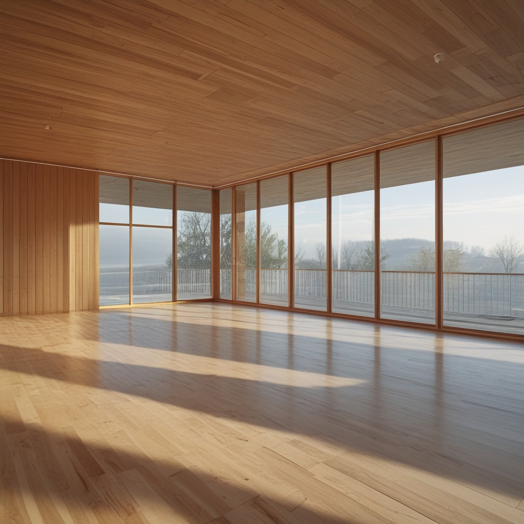 Helles geräumiges Sportstudio mit großen Panoramafenstern, Holzparkettboden, minimalistische Architektur, Tageslicht wirft lange Schatten auf den Boden, keine Geräte sichtbar