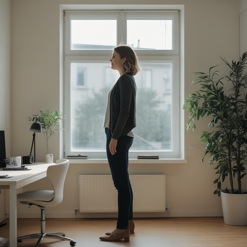 Person steht aufrecht an einem hellen Fenster in einem modernen Büro, natürliches Tageslicht beleuchtet den Raum, Fokus auf aufrechte Rückenhaltung