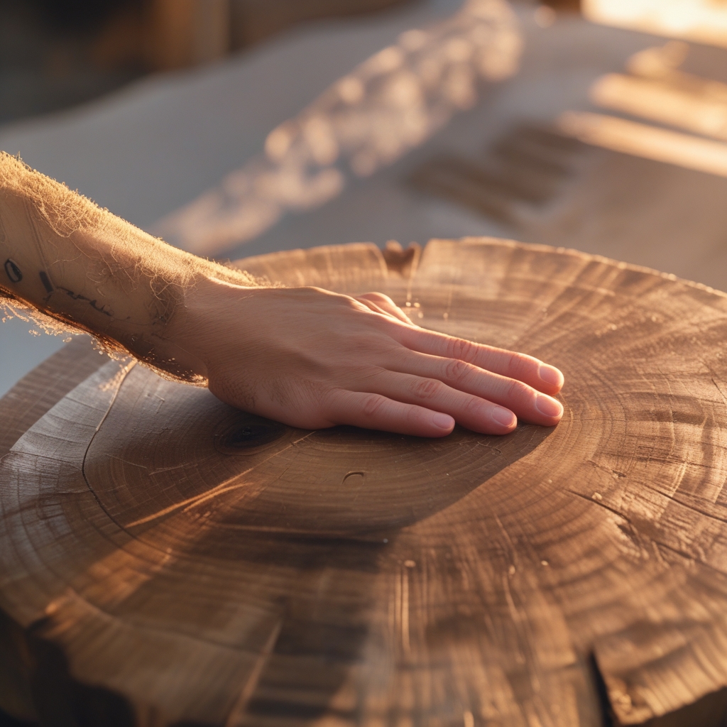 Nahaufnahme gefalteter Hände auf einem Holztisch in warmem Kerzenlicht, Symbol für Konzentration und bewusste körperliche Aufmerksamkeit