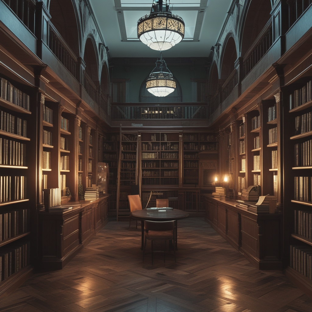 Hellbeleuchtetes Bücherregal in einem akademischen Lesesaal, warmes Holzmöbel, dicke Bücher und stille Atmosphäre, symbolisiert Wissensrecherche