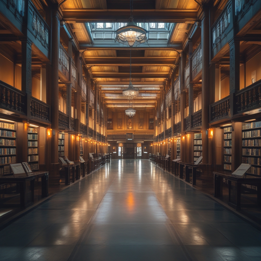 Weitläufige Bibliotheksperspektive mit hohen Bücherregalen und warmem Lampenlicht, ruhige Atmosphäre eines Wissenszentrums